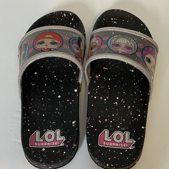LOL Surprise Dolls Black Clear Glitter Slide Sandals Girls Size 1-2 - Picture 4 of 16